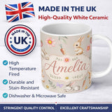 Personalized Custom Name Cute Easter Bunnies with Flowers Carrots Soft Beige Background 11oz Ceramic Coffee Tea Mug White Large Handle