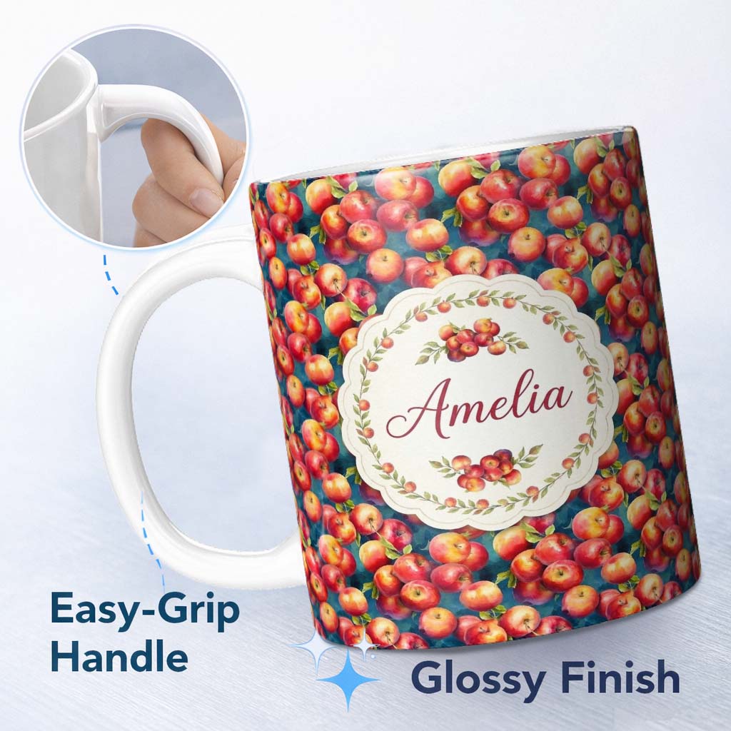 Personalized Custom Name Watercolor Red Apples with Deep Blue Background Seamless Pattern 11oz Ceramic Coffee Tea Mug White Large Handle