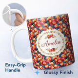 Personalized Custom Name Watercolor Red Apples with Deep Blue Background Seamless Pattern 11oz Ceramic Coffee Tea Mug White Large Handle
