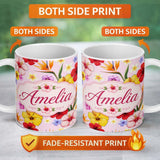 Personalized Custom Name Tropical Hibiscus Bird of Paradise Seamless Pattern Pink Background 11oz Ceramic Coffee Tea Mug White Large Handle