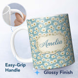 Personalized Custom Name Light Blue Watercolor Daisy Scatter Seamless Pattern Lovely 11oz Ceramic Coffee Tea Mug White Large Handle
