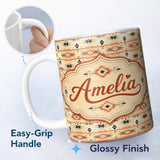 Personalized Custom Name Southwestern Tribal Stripe Pattern in Terracotta Black and Sand 11oz Ceramic Coffee Tea Mug White Large Handle