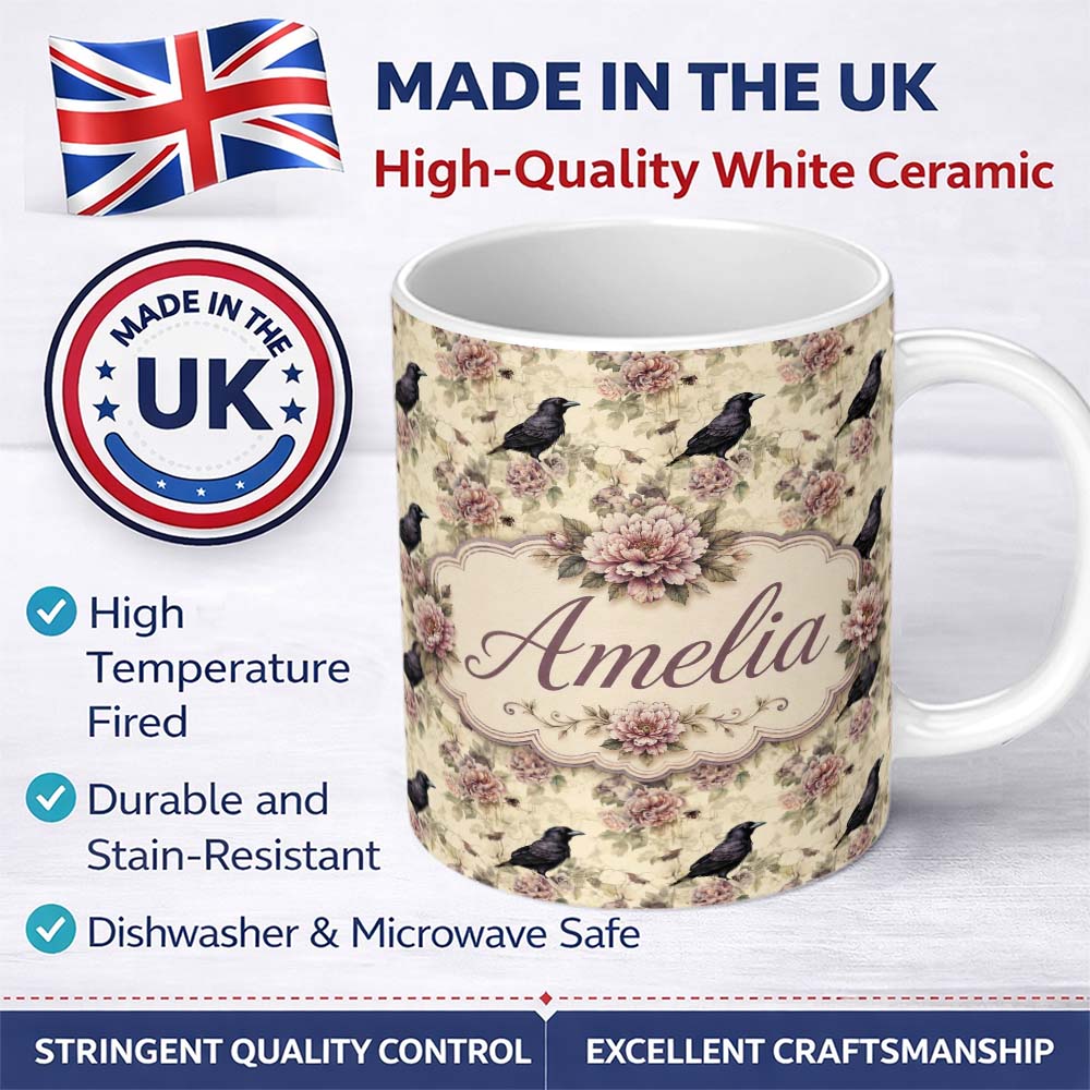 Personalized Custom Name Vintage Crow Bird with Floral Background Seamless Pattern Lovely 11oz Ceramic Coffee Tea Mug White Large Handle