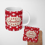 Personalized Custom Name Cute Red Knitted Christmas Tree Snowflake Nordic Festive Seamless 11oz Ceramic Coffee Tea Mug White Large Handle