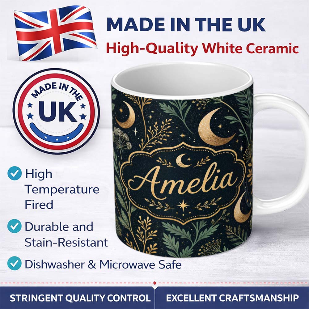 Personalized Custom Name Celestial Botanical Moon Stars Night Sky Leaves Seamless Pattern 11oz Ceramic Coffee Tea Mug White Large Handle