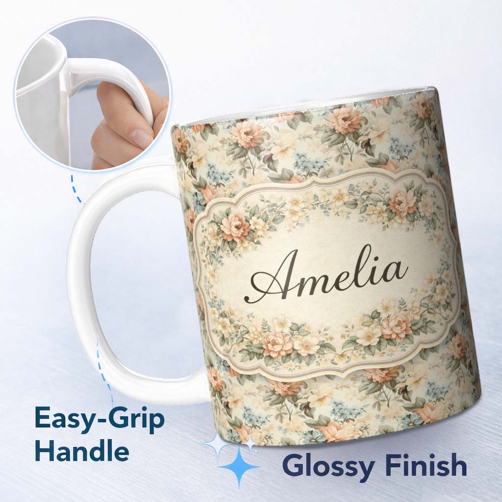 Personalized Custom Name Soft Pastel Floral Garden Bouquet on Cream Background Seamless 11oz Ceramic Coffee Tea Mug White Large Handle