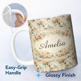 Personalized Custom Name Soft Pastel Floral Garden Bouquet on Cream Background Seamless 11oz Ceramic Coffee Tea Mug White Large Handle