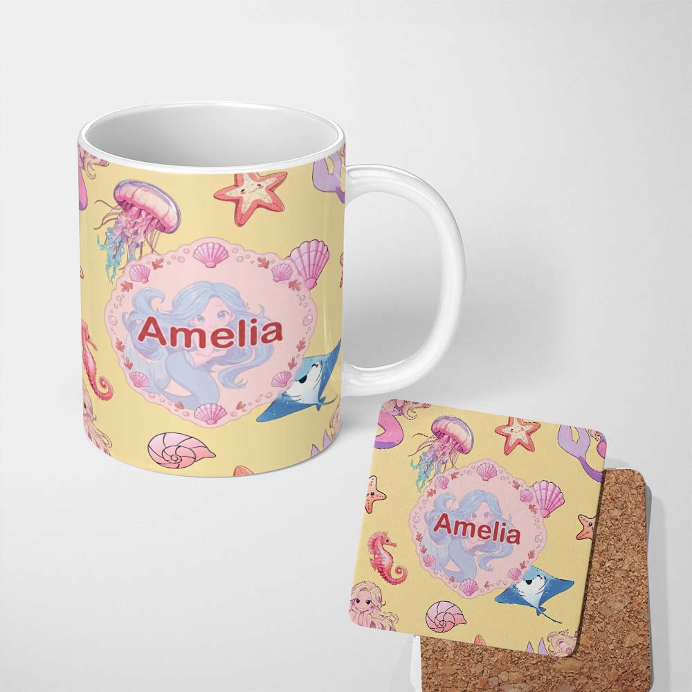 Personalized Custom Name Cute Blue Mermaid Jellyfish Seahorse and Ocean Creatures Soft Yellow 11oz Ceramic Coffee Tea Mug White Large Handle