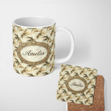Personalized Custom Name Neutral Palm Leaf Silhouette Pattern in Soft Beige and Brown Tones 11oz Ceramic Coffee Tea Mug White Large Handle
