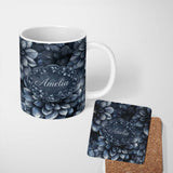 Personalized Custom Name Monochrome Dark Blue Floral Seamless Pattern Elegant Botanical 11oz Ceramic Coffee Tea Mug White Large Handle