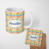 Personalized Custom Name Rainbow Watercolor Chevron and Diamond Stripe Seamless Pattern 11oz Ceramic Coffee Tea Mug White Large Handle