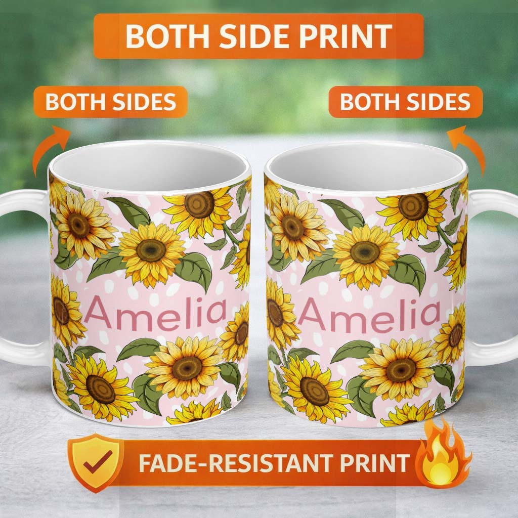 Personalized Custom Name Bright Yellow Sunflower Pink Abstract Background Seamless Pattern 11oz Ceramic Coffee Tea Mug White Large Handle