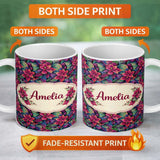 Personalized Custom Name Vibrant Pink Green Tropical Leaves Seamless Pattern Cute Unique Gift 11oz Ceramic Coffee Tea Mug White Large Handle