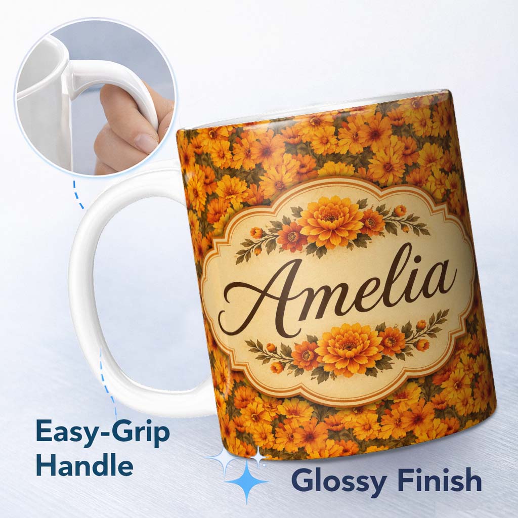 Personalized Custom Name Dense Orange Marigold Floral Seamless Pattern Warm Autumn Tones 11oz Ceramic Coffee Tea Mug White Large Handle