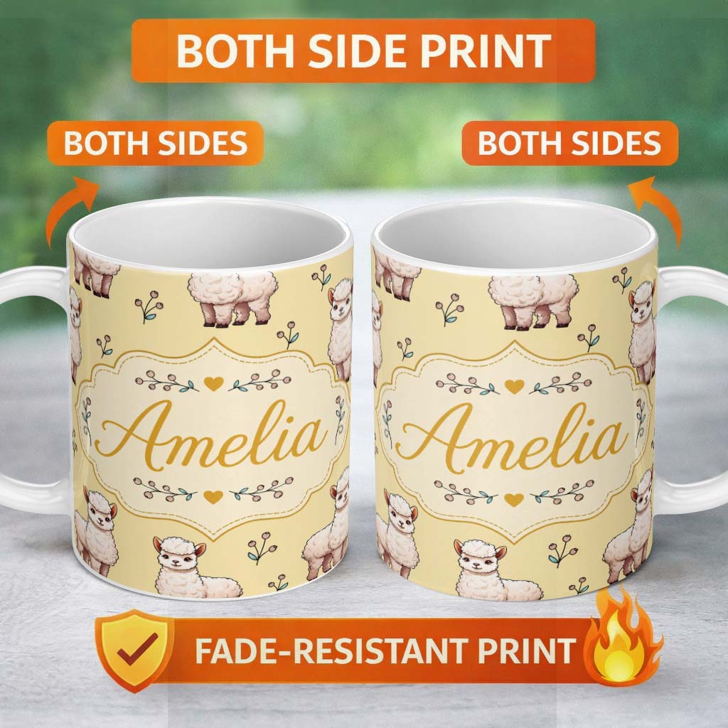 Personalized Custom Name Cute Alpaca Llama Pattern with Floral Sprigs on Yellow Background 11oz Ceramic Coffee Tea Mug White Large Handle