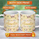 Personalized Custom Name Cute Alpaca Llama Pattern with Floral Sprigs on Yellow Background 11oz Ceramic Coffee Tea Mug White Large Handle