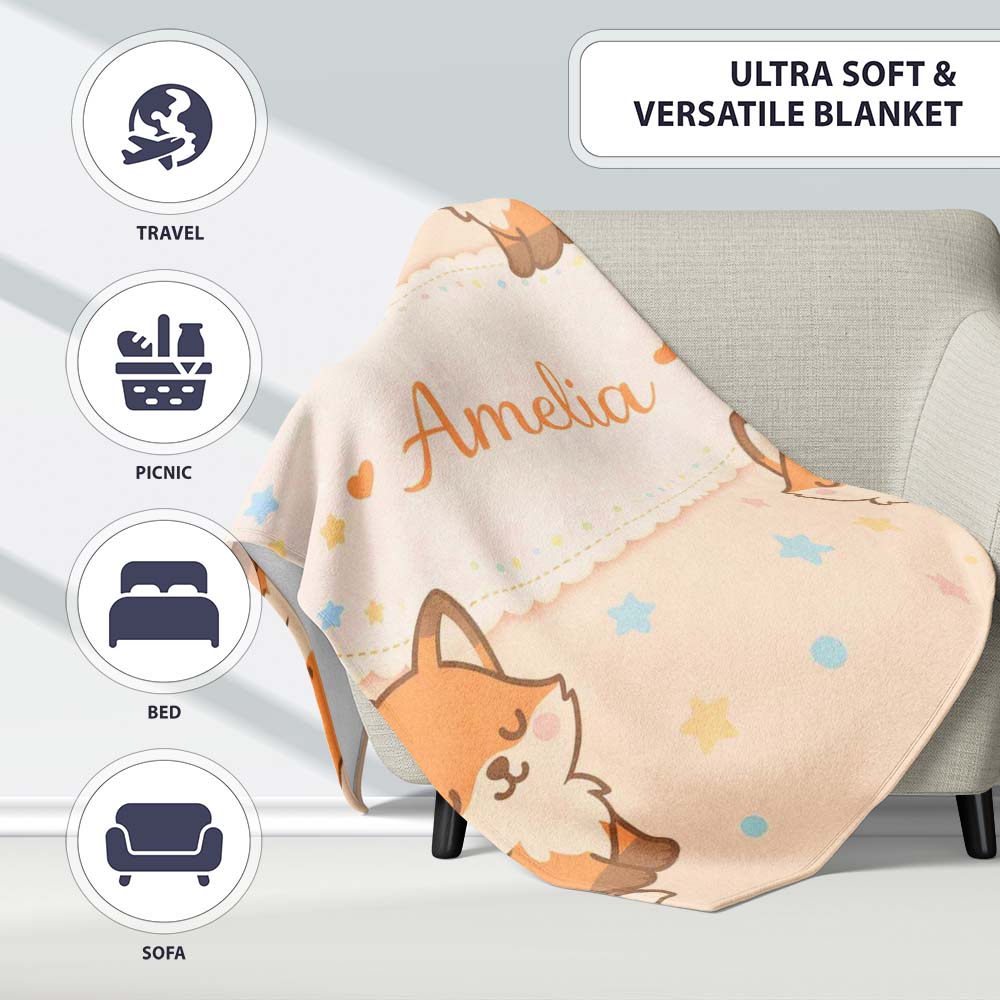 Cute Fairy Fox Cartoon Animal Pattern Cute Unique Gift Lovely  Personalised Custom Name Super Soft Fleece Blanket Bed Sofa Throw