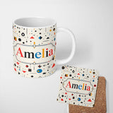 Personalized Custom Name Abstract Minimal Scattered Geometric Shapes Modern Art Seamless 11oz Ceramic Coffee Tea Mug White Large Handle