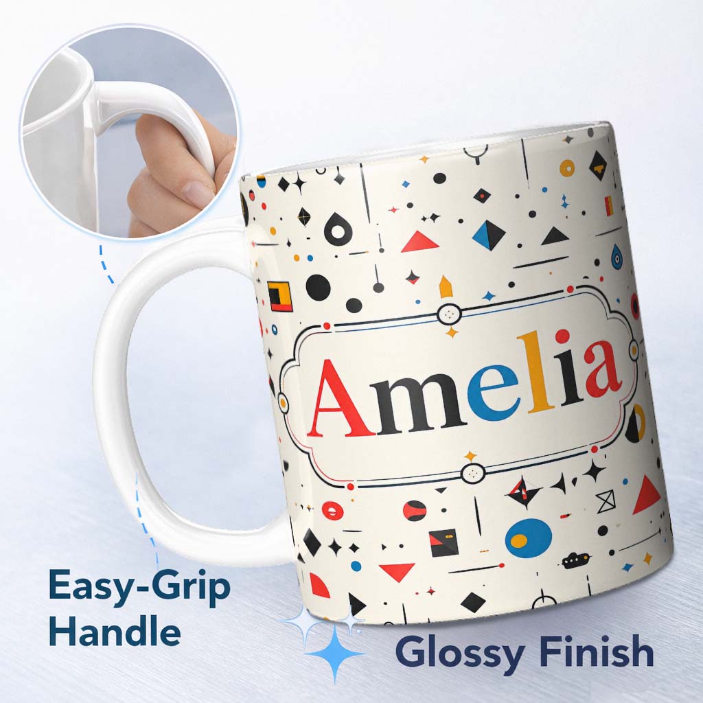 Personalized Custom Name Abstract Minimal Scattered Geometric Shapes Modern Art Seamless 11oz Ceramic Coffee Tea Mug White Large Handle
