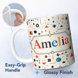 Personalized Custom Name Abstract Minimal Scattered Geometric Shapes Modern Art Seamless 11oz Ceramic Coffee Tea Mug White Large Handle