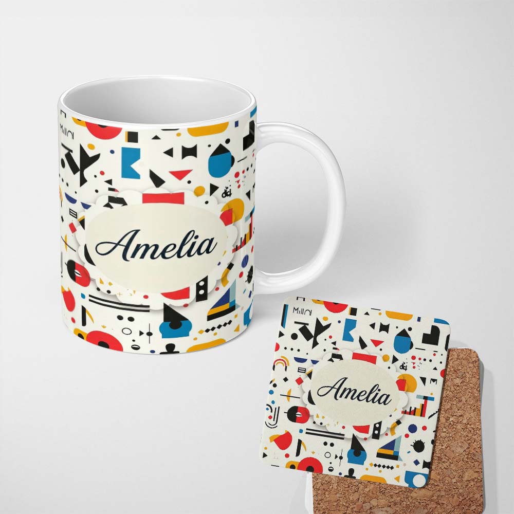 Personalized Custom Name Abstract Playful Bauhaus Style Shapes Colorful Modern Seamless 11oz Ceramic Coffee Tea Mug White Large Handle