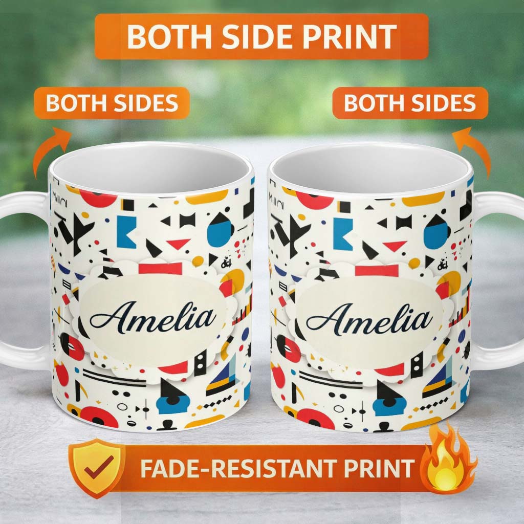 Personalized Custom Name Abstract Playful Bauhaus Style Shapes Colorful Modern Seamless 11oz Ceramic Coffee Tea Mug White Large Handle
