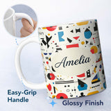 Personalized Custom Name Abstract Playful Bauhaus Style Shapes Colorful Modern Seamless 11oz Ceramic Coffee Tea Mug White Large Handle