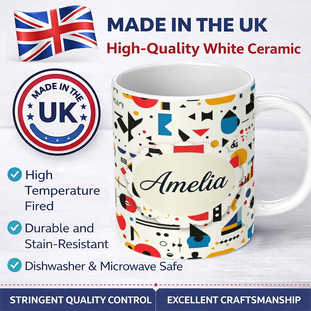 Personalized Custom Name Abstract Playful Bauhaus Style Shapes Colorful Modern Seamless 11oz Ceramic Coffee Tea Mug White Large Handle