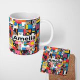 Personalized Custom Name Abstract Vibrant Collage Geometric Pop Art Style Seamless Pattern 11oz Ceramic Coffee Tea Mug White Large Handle