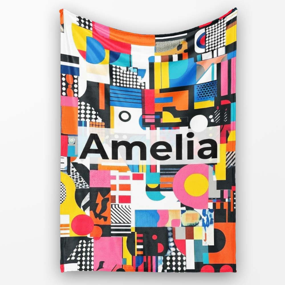 Abstract Vibrant Collage Geometric Pop Art Style Seamless Pattern  Personalised Custom Name Super Soft Fleece Blanket Bed Sofa Throw