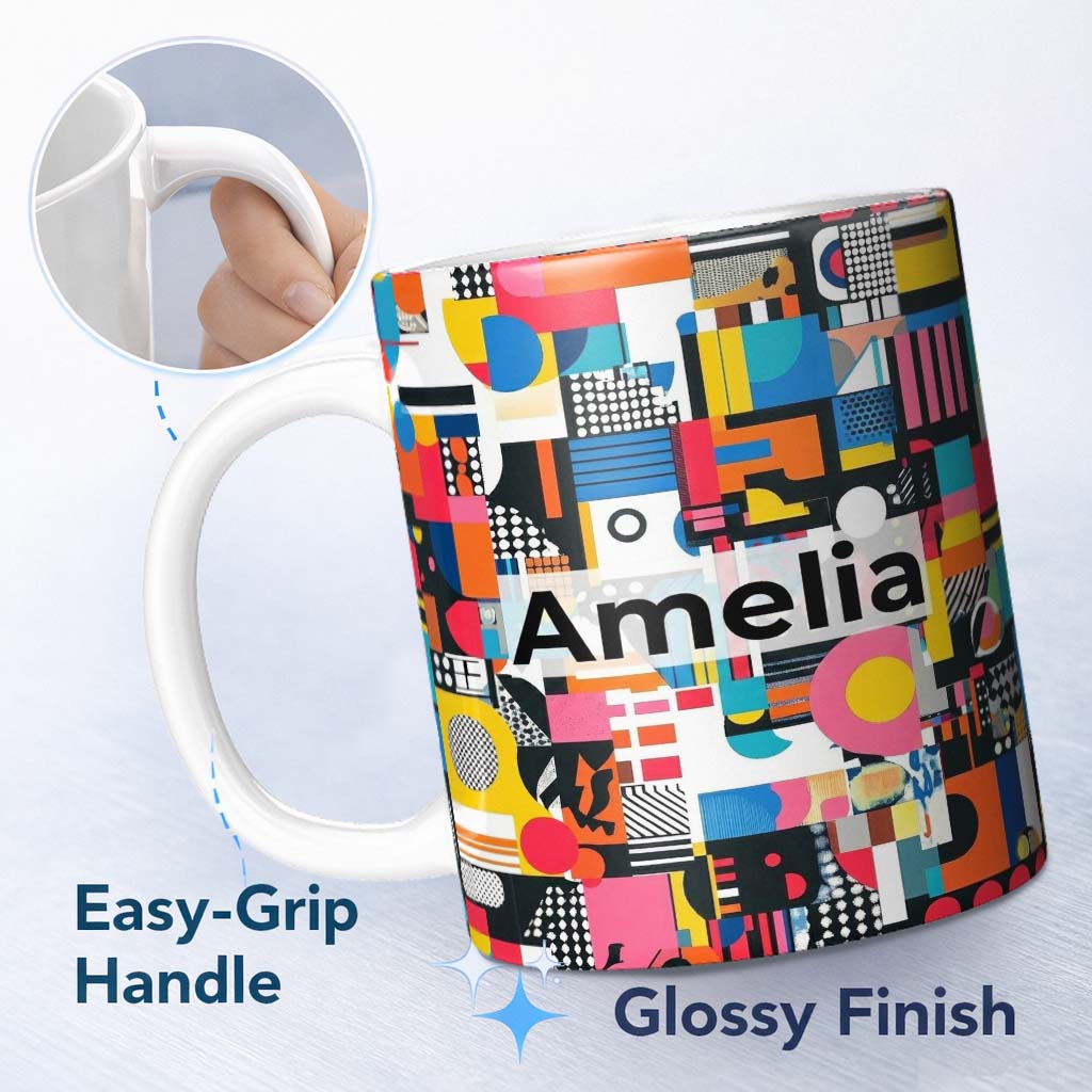 Personalized Custom Name Abstract Vibrant Collage Geometric Pop Art Style Seamless Pattern 11oz Ceramic Coffee Tea Mug White Large Handle