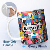 Personalized Custom Name Abstract Vibrant Collage Geometric Pop Art Style Seamless Pattern 11oz Ceramic Coffee Tea Mug White Large Handle