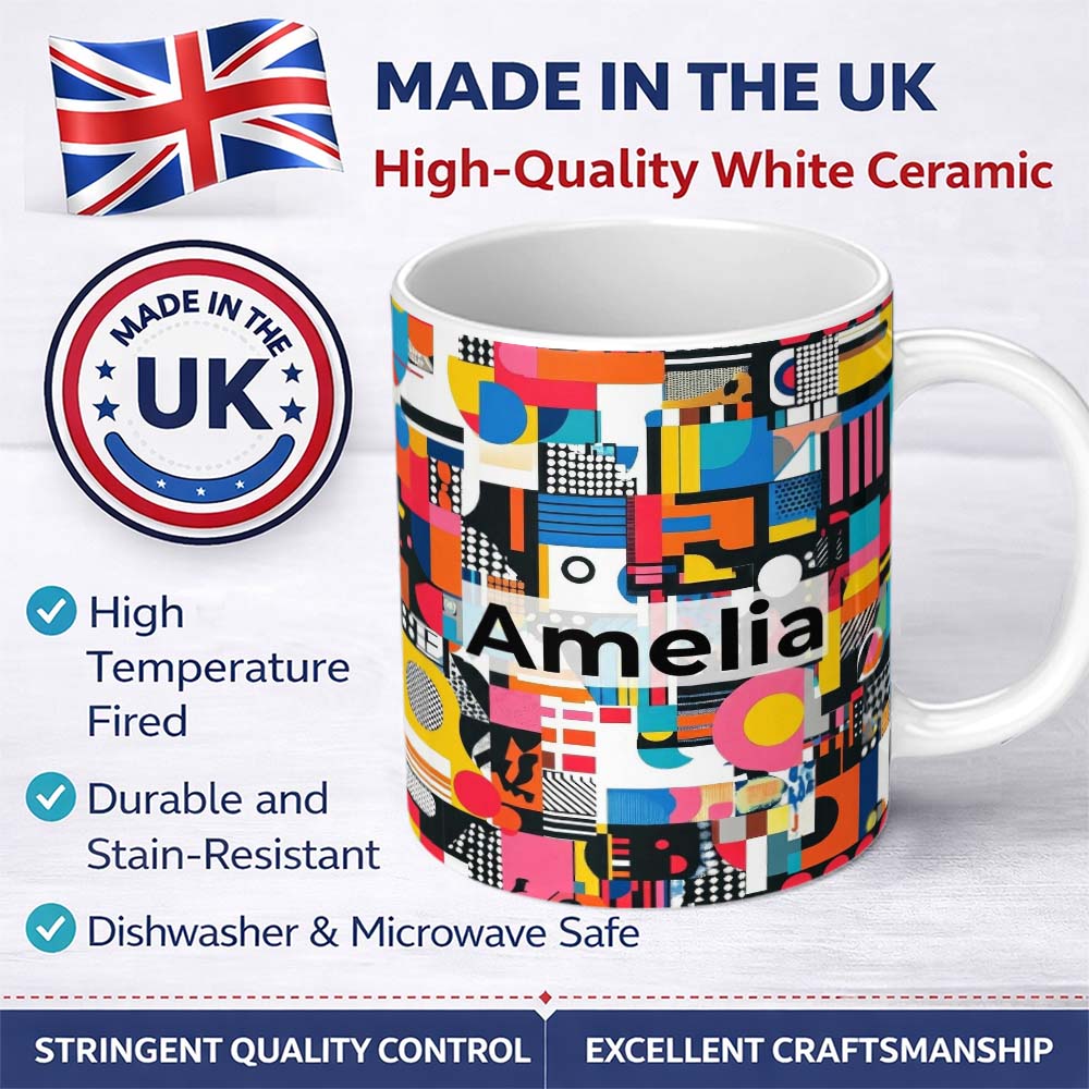 Personalized Custom Name Abstract Vibrant Collage Geometric Pop Art Style Seamless Pattern 11oz Ceramic Coffee Tea Mug White Large Handle