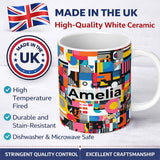 Personalized Custom Name Abstract Vibrant Collage Geometric Pop Art Style Seamless Pattern 11oz Ceramic Coffee Tea Mug White Large Handle