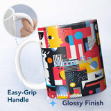 Personalized Custom Name Abstract Bright Modern Graphic Shapes Bold Artistic Seamless 11oz Ceramic Coffee Tea Mug White Large Handle