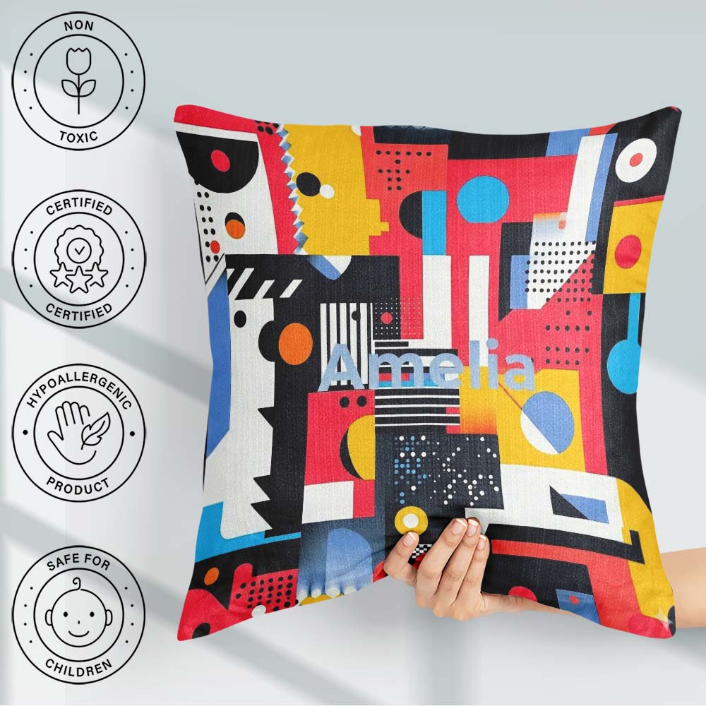 Custom Name Abstract Bright Modern Shapes Bold Artistic Seamless Square Filled Cushion Throw Pillow Sofa Bed Home Decor Zip Washable UK Made