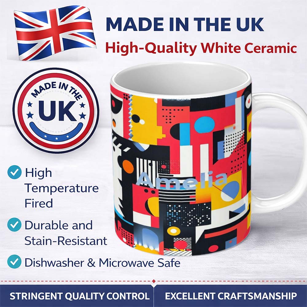 Personalized Custom Name Abstract Bright Modern Graphic Shapes Bold Artistic Seamless 11oz Ceramic Coffee Tea Mug White Large Handle