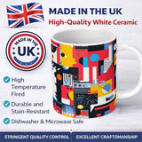 Personalized Custom Name Abstract Bright Modern Graphic Shapes Bold Artistic Seamless 11oz Ceramic Coffee Tea Mug White Large Handle