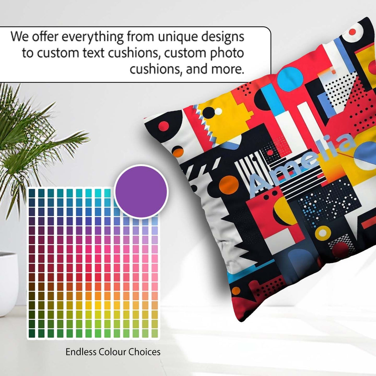 Custom Name Abstract Bright Modern Shapes Bold Artistic Seamless Square Filled Cushion Throw Pillow Sofa Bed Home Decor Zip Washable UK Made