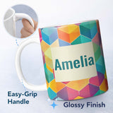 Personalized Custom Name Abstract Colorful Hexagon Gradient Geometric Tile Seamless Pattern 11oz Ceramic Coffee Tea Mug White Large Handle