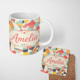 Personalized Custom Name Abstract Pastel Mosaic Irregular Geometric Shapes Modern Seamless 11oz Ceramic Coffee Tea Mug White Large Handle