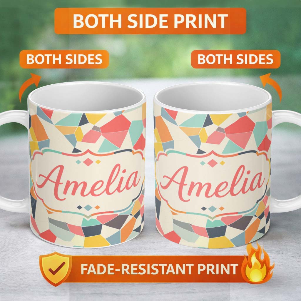 Personalized Custom Name Abstract Pastel Mosaic Irregular Geometric Shapes Modern Seamless 11oz Ceramic Coffee Tea Mug White Large Handle