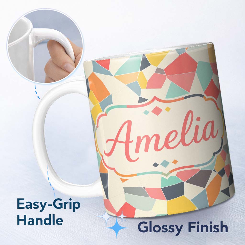 Personalized Custom Name Abstract Pastel Mosaic Irregular Geometric Shapes Modern Seamless 11oz Ceramic Coffee Tea Mug White Large Handle