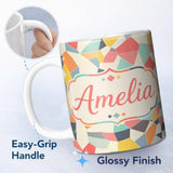 Personalized Custom Name Abstract Pastel Mosaic Irregular Geometric Shapes Modern Seamless 11oz Ceramic Coffee Tea Mug White Large Handle