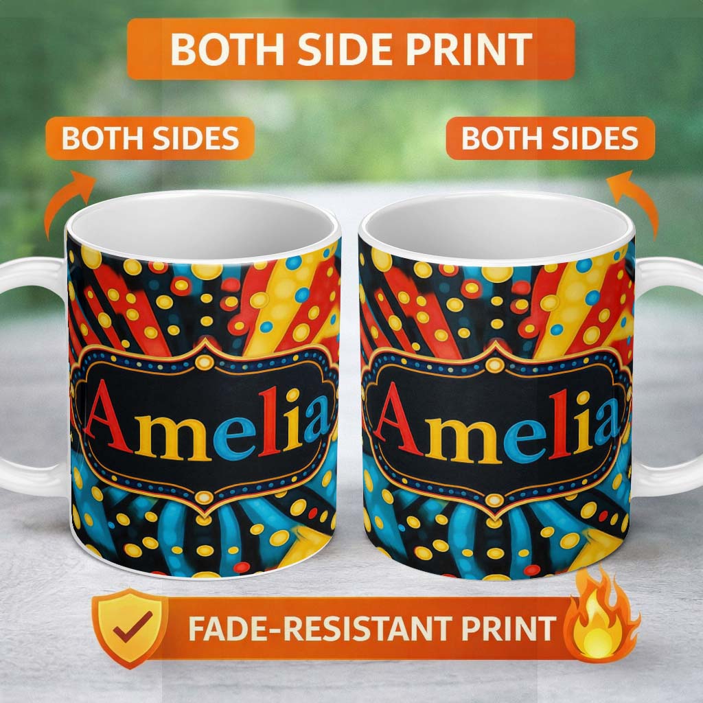 Personalized Custom Name Abstract Psychedelic Radial Burst Bright Color Dots Seamless 11oz Ceramic Coffee Tea Mug White Large Handle