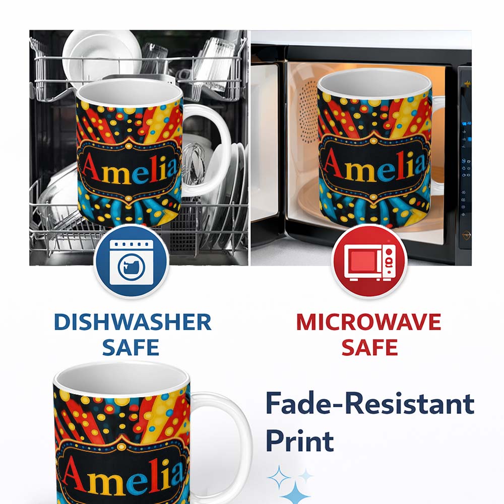 Personalized Custom Name Abstract Psychedelic Radial Burst Bright Color Dots Seamless 11oz Ceramic Coffee Tea Mug White Large Handle