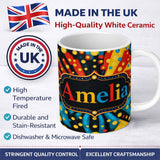 Personalized Custom Name Abstract Psychedelic Radial Burst Bright Color Dots Seamless 11oz Ceramic Coffee Tea Mug White Large Handle