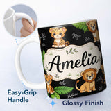 Personalized Custom Name Cute Jungle Animals Lion Tiger Leopard Tropical Leaves Black Lovely 11oz Ceramic Coffee Tea Mug White Large Handle
