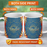 Personalized Custom Name Abstract Firework Starburst Colorful Dot Explosion Seamless Pattern 11oz Ceramic Coffee Tea Mug White Large Handle