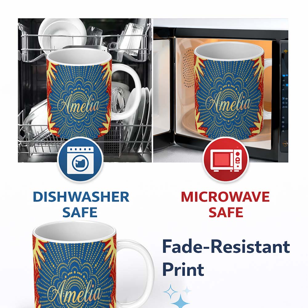 Personalized Custom Name Abstract Firework Starburst Colorful Dot Explosion Seamless Pattern 11oz Ceramic Coffee Tea Mug White Large Handle